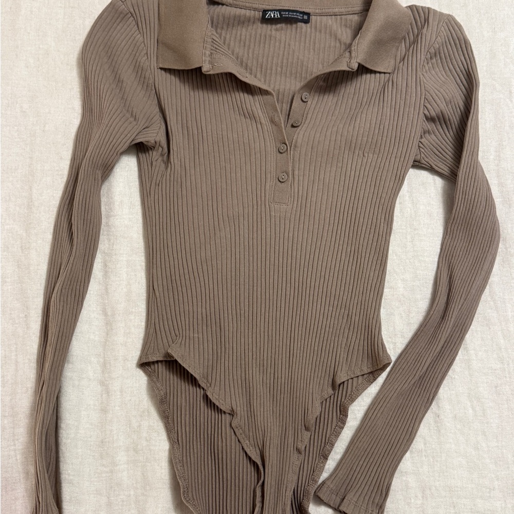 Zara Taupe Ribbed Bodysuit with Collar